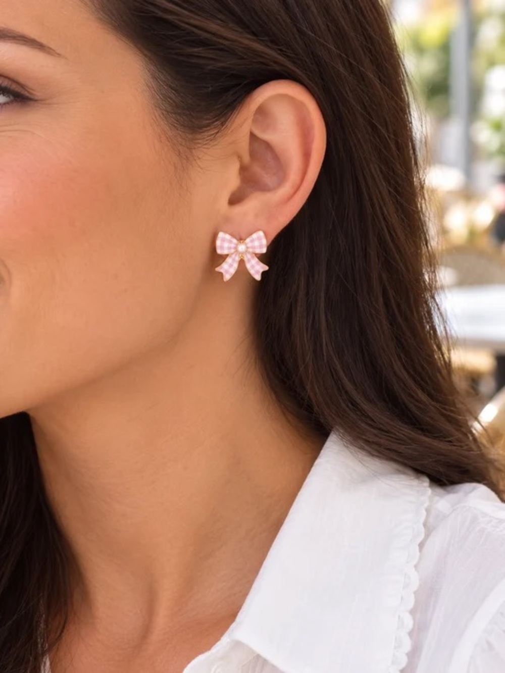 Pink Gingham Bow Stud Earrings